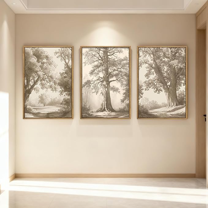 Vintage Tree Wall Art Framed Tree Sketch Antique Painting Neutral Forest Wall Decor 16x24 Inch Set of 3 for Living Room Bedroom