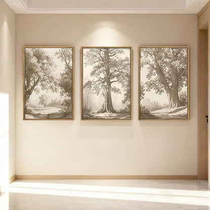 Vintage Tree Wall Art Framed Tree Sketch Antique Painting Neutral Forest Wall Decor 16x24 Inch Set of 3 for Living Room Bedroom
