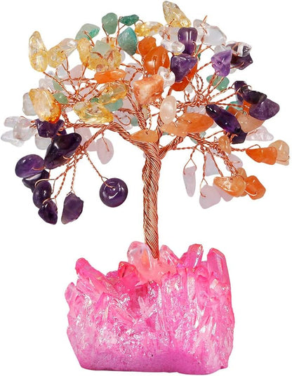 mookaitedecor Colorful Crystal Tree, Quartz Cluster Fuchsia Titanium Crystals Base Bonsai Money Tree for Wealth and Luck