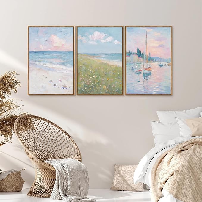 Rantodecor Impressionist Framed Canvas Wall Art, Blue and White Pink Beach Wall Decor, Pastel Preppy Sailboat Posters Art Prints, Coastal Beach House Artwork for Bedroom Living Room Office 16"x24"x3