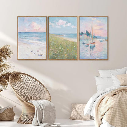 Rantodecor Impressionist Framed Canvas Wall Art, Blue and White Pink Beach Wall Decor, Pastel Preppy Sailboat Posters Art Prints, Coastal Beach House Artwork for Bedroom Living Room Office 16"x24"x3