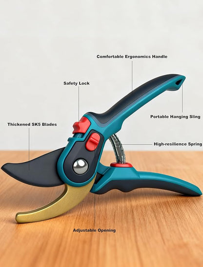 Professional Gardening Pruning Shears, Garden Clipper with High-Elasticity Spring, SK5 Steel Blades, Adjustable Handle Opening, Plant Pruners for Branch Cutting