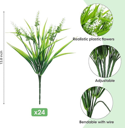 Ouddy Decor 24 Bundles Artificial Flowers for Outdoors, Fake Lavender Flowers Monkey Grass Faux Plastic Plants Shrubs UV Resistant for Porch Garden Window Box Office Home Decorations, White