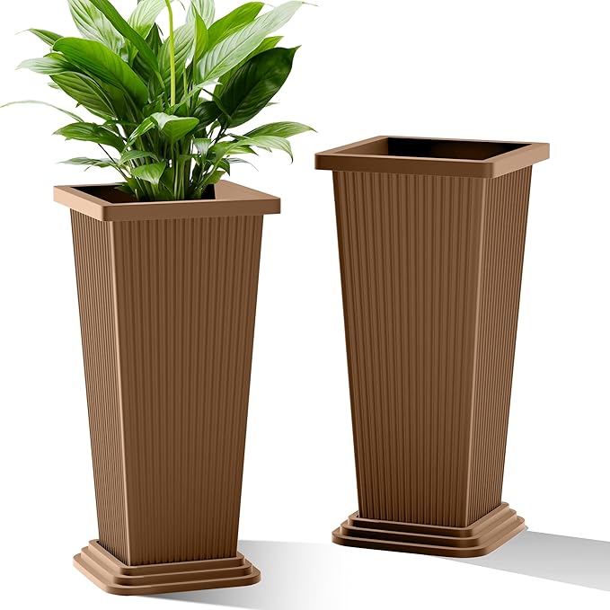 24 Inch Tall Tapered Square Planters (Set of 2) - Indoor Outdoor Large Flower Pots with Built-in Drainage & Matching Water Tray for Patio, Garden, Home - Brown
