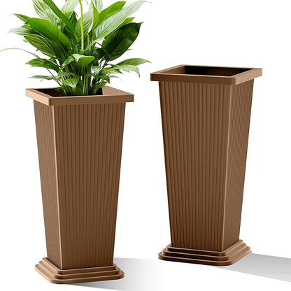 24 Inch Tall Tapered Square Planters (Set of 2) - Indoor Outdoor Large Flower Pots with Built-in Drainage & Matching Water Tray for Patio, Garden, Home - Brown