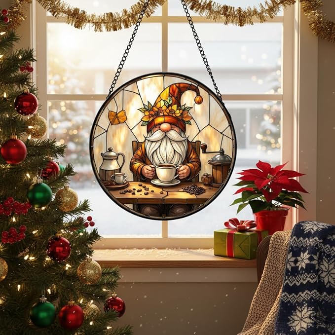 Stained Glass Window Hanging, Coffee Gnome Sun Catcher for Indoor Window Decoration, Stained Glass Coffee Nook/Corner Decor Gift for Women and Men G48 (7.9'')