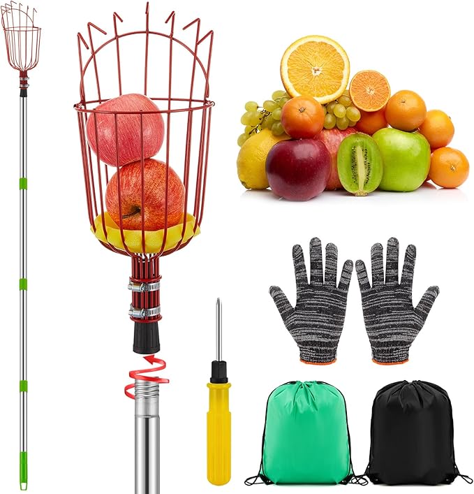 26ft Adjustable Fruit Picker Pole with Basket Long Handle with Storage Bag and Gloves Fruit Picker Equipment for Lemons Apples Avocados Picking (Red)