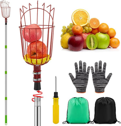 22.5ft Adjustable Fruit Picker Pole with Basket Long Handle with Storage Bag and Gloves Fruit Picker Equipment for Lemons Apples Avocados Picking(Red)