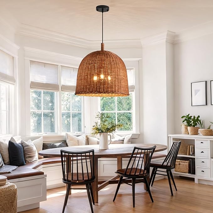 17" Rattan Pendant Light Fixtures, 3-Lights Boho Chandelier Hand Woven Pendant Light Farmhouse Hanging Light for Living Room Kitchen Island Dining Room Hallway