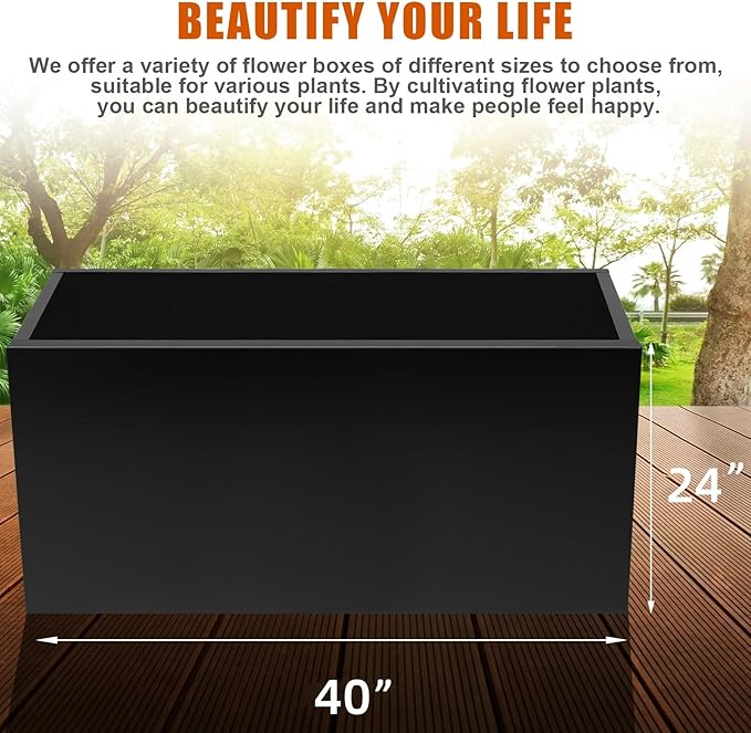 Metal Planter Box 40"x16"x24", Rectangular Steel Planter Box Frost Proof Rust Resistant Indoor&Outdoor, Heavy Duty Steel Planters for Commercial and Residential Use, Black