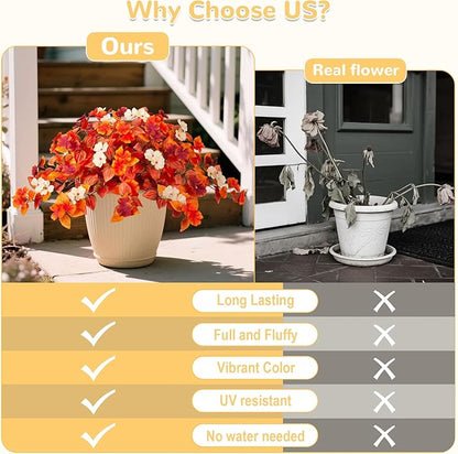 Fake Fall Flowers Artificial for Decoration 2PCS Faux Silk Fall Flowers Plants for Outdoors Outside Planters UV Resistant Looks Real for Front Door Porch Patio Garden Decor
