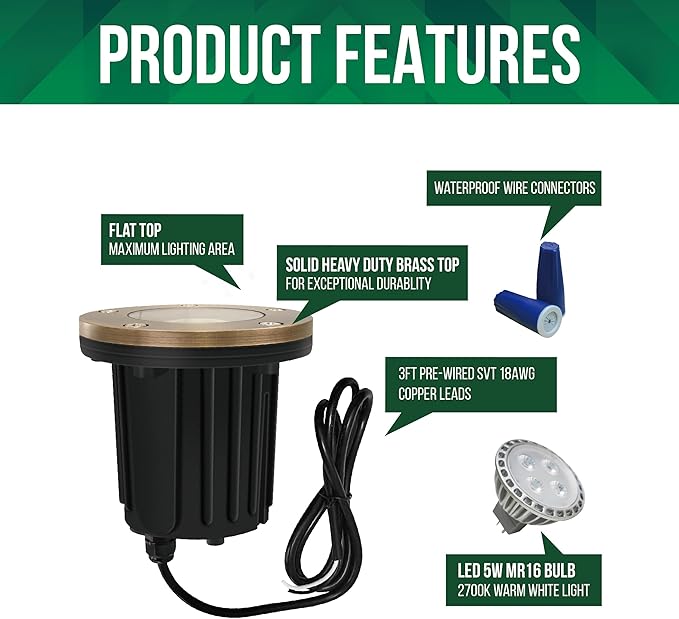 GKOLED 12V LED Brass Well Lights, In Ground Light Outdoor with MR16 Bulb and Swival Base, Low Voltage Landscape Lighting, 5W 410LM 2700K, IP67 Waterproof Up Light for Garden Trees Bushes, Open Top