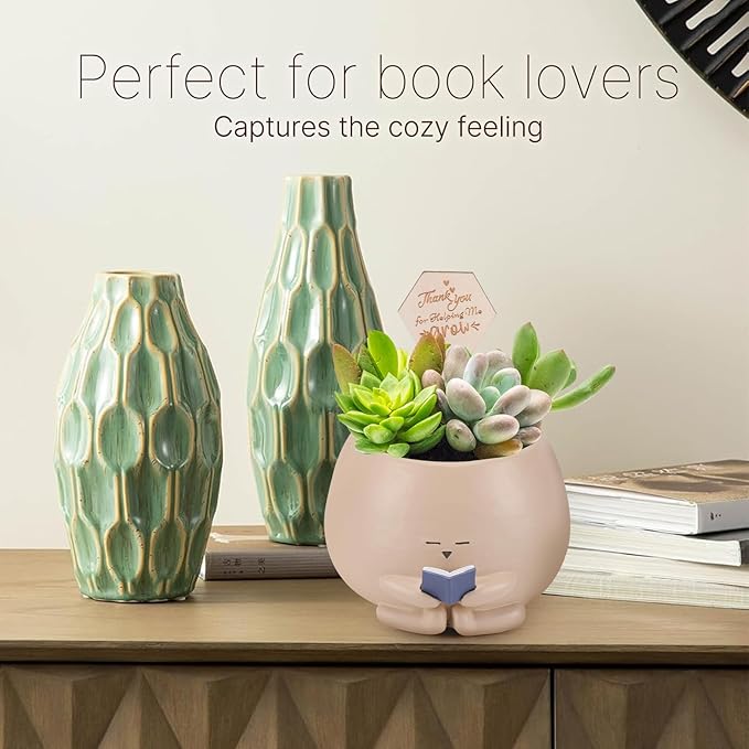Bookworm Planter Pot Succulent Pot for Book and Plant Lover & Thank You Card, Emotional Support Gift, End of School Gifts, Teacher Gift Mother Dad Appreciation