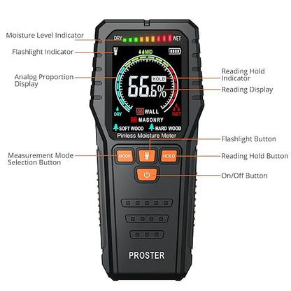 Proster Pinless Wood Moisture Meter - Non Destructive Moisture Tester for Wood Wallboard Masonry, Detect up to 3/4 Inch Below Surface, Backlit Color LCD, Visual Audible Alarm
