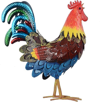 Metal Rooster Statues, Garden Chicken Decorations, Outdoor Chicken Sculptures, Metal Yard Rooster Artwork for Yard Farm Patio Lawn Porch Kitchen Decoration (Brown-Blue)