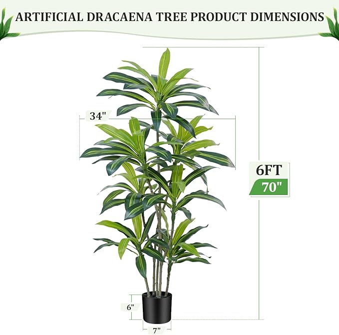 6Ft Dracaena Plant Artificial Tree Fake Tropical Floor Plants Potted (Real Touch) Artificial Silk Tree Leaf Faux Trees Black Tall Planter for Home Office Living Room Indoor Outdoor Decor（2Pack）