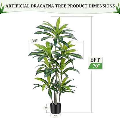 6Ft Dracaena Plant Artificial Tree Fake Tropical Floor Plants Potted (Real Touch) Artificial Silk Tree Leaf Faux Trees Black Tall Planter for Home Office Living Room Indoor Outdoor Decor（2Pack）