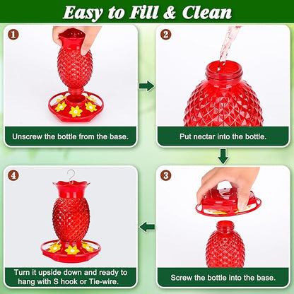 Glass Hummingbird Feeders for Outdoors Hanging Ant and Bee Proof 16OZ 2 Pack Red Pineapple Humming Bird Feeder with 6 Feeding Ports and Ant Moat Hummingbird Gifts for Women Garden Decor