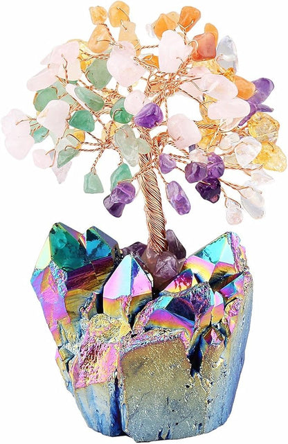 mookaitedecor Colorful Crystal Tree, Quartz Cluster Rainbow Titanium Crystals Base Bonsai Money Tree for Wealth and Luck