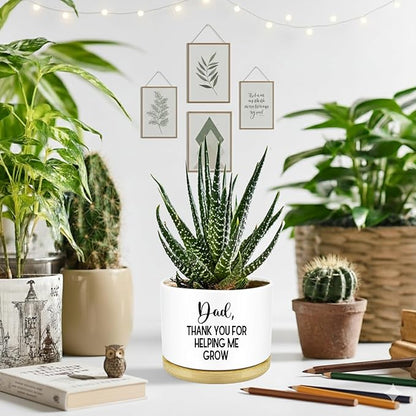 Thank You Dad for Helping Me Grow Ceramic Planter, 3.5 Inch Funny Flower Pots for Succulents, Cactus, Indoor Plants, Unique Gifts for Dad with Drainage Hole & Wood Tray (Plant Not Included)