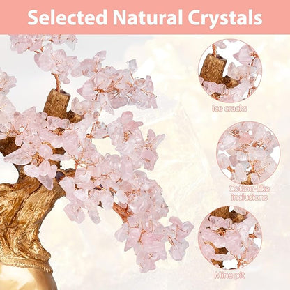 Rose Quartz Crystal Money Tree on Gold Mini Elephant Statue, 10”Gemstone Bonsai Tree of Life Home Décor Gifts for Wealth Positive Energy, Feng Shui Décor