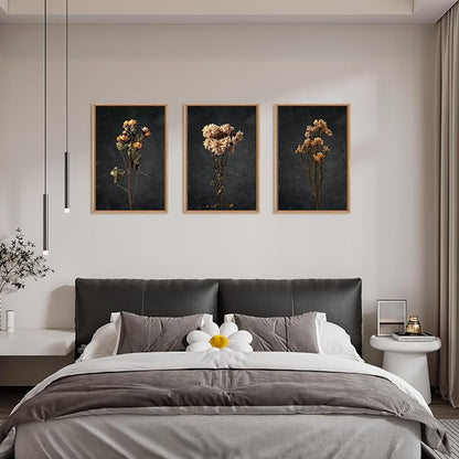 HOURIA Moody Boho Floral Framed Canvas Wall Art Set,Vintage Black Flower Wall Decor,Mid Century Minimalist Wildflower Artwork,Nature Retro Botanical Art Print for Living Room,Bedroom,Office- 24"x36"x3