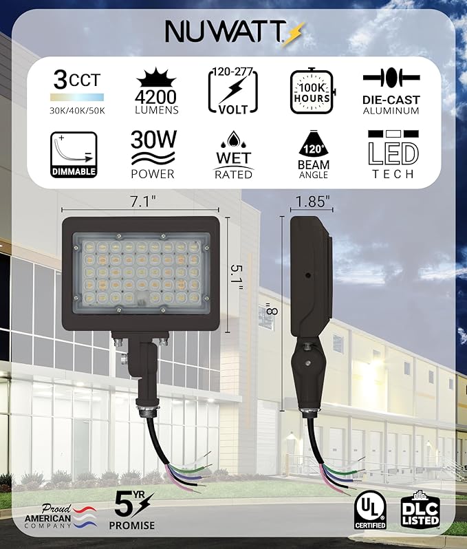 NUWATT 30W LED Flood Light, 3CCT 3000K/4000K/5000K Selectable, IP65 Waterproof Lighting, Adjustable Knuckle Mount, 4200LM, 0-10V Dimmable, 120-277V, Outdoor Security Floodlight for Yard, Bronze, UL