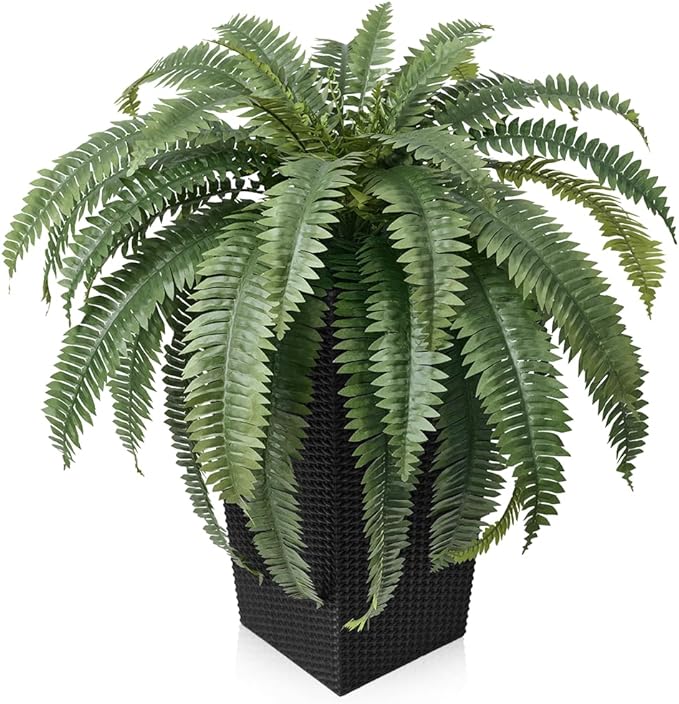 48" Boston Ferns Artificial Outdoor Plants - 39 Fronds UV Resistant Faux Greenery with Taper Planter- Realistic Fake Bushes Front Porch Decor for Garden, Patio, Indoors - Set of 1, VN153