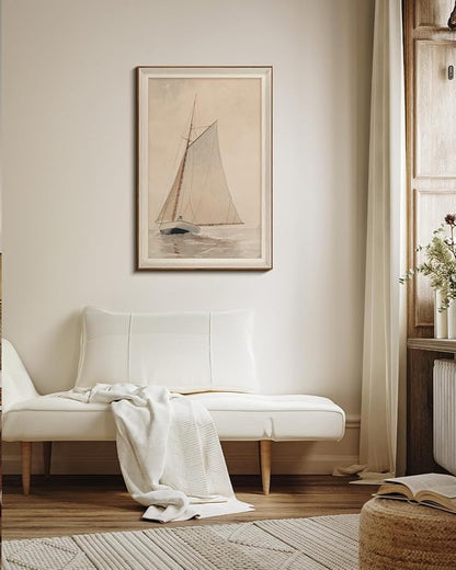 InSimSea Framed Canvas Wall Art of Large Coastal Sailboat - Classical Coastal Art Work, White Sailboat Sea Art Painting, Large Home Decor Artwork 24x36In