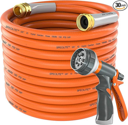SPECILITE Garden Water Hose 150 ft x 5/8 in Heavy Duty, Flexible and Lightweight, Burst 600 psi, Kink-less Hybrid Rubber Pipe for Backyard, 3/4'' Brass Fittings, Orange