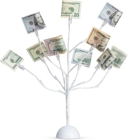 CraftyCrocodile LED Gift Card Tree Holder - Metal Display Stand with 10 Flexible Clips for Photos, Money, Lottery Tickets, Cards & Notes - 25 Warm Lights