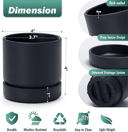Phoenix Vine 4 Inch Planter Pot with Drainage Hole & Saucer, Deep Water Catch Tray, Straight Cylindrical Round Pot for Plants, Matte Black, Pack of 4, 23-C-R-4