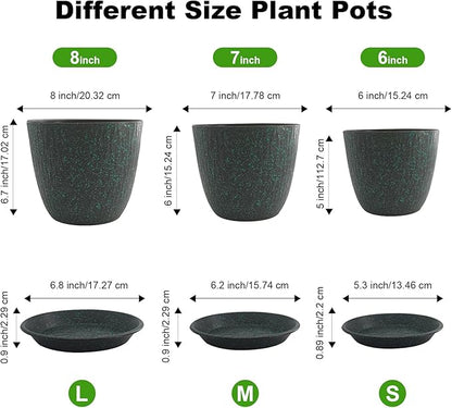 8/7/6 inch Plant Pots, 3 Pack Flower Pots for Outdoor Indoor Garden Plants, Large Planters with Multi Mesh Drainage Holes and Saucer (Black with Green Speckles, 8"+7"+6")