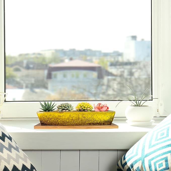 ARTKETTY Succulent Pots, 9.8 Inch Ceramic Succulent Planters with Drainage Small Bonsai Pot with Bamboo Tray, Mini Cactus Flower Planter Pot Shallow Rectangular Window Planters for Indoor Plants