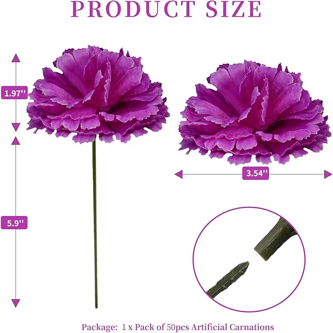 Silk Carnation Flower, 50 Artificial Flowers, Used for Wedding Decoration DIY Handmade Flowers, Carnation Flower Diameter 3.5 Inches and 6 Inches Stem (Purple)
