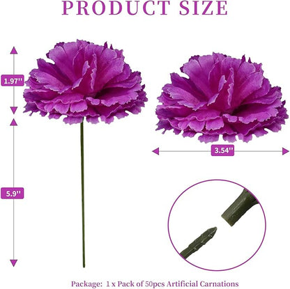 Silk Carnation Flower, 50 Artificial Flowers, Used for Wedding Decoration DIY Handmade Flowers, Carnation Flower Diameter 3.5 Inches and 6 Inches Stem (Purple)