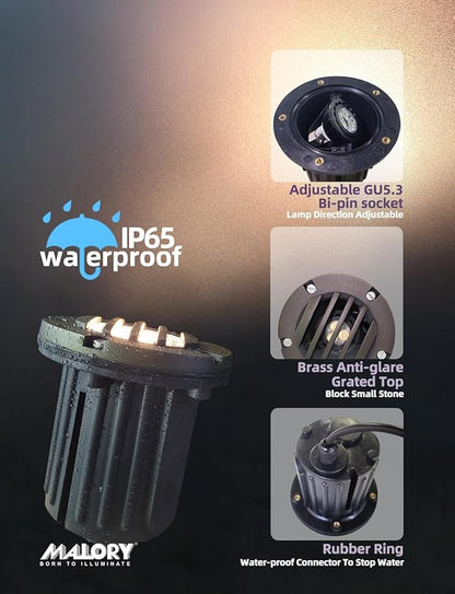 MALORY Brass Top Cover Landscape Well Lights,(5''H) 12V Low Voltage Outdoor In Ground Lights,Landscape Lighting for Pathway, Driveway and Garden 10 Pack with MR16 Bulb (Grated Top, 10-Pack with Bulb)