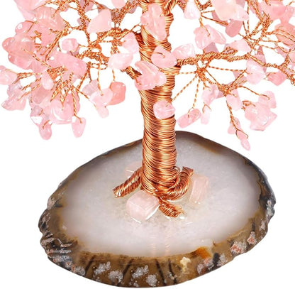mookaitedecor Natural Rose Quartz Crystal Tree with Agate Slice Geode Base Money Tree Desk Home Decoration for Wealth and Luck 5"-6"