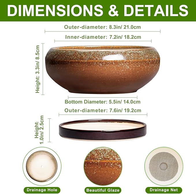 Bonsai Tree Pots - 8 Inch Ceramic Succulent Planter Indoor Outdoor, Bonsai Pots with Drainage Hole and Saucer, Shallow Plant Pots, Round Planters, Kitchen Decor, Gifts for Women, Retro Brown