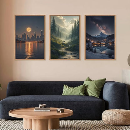 Large Modern City Moon Framed Canvas Wall Art,Forest Misty Wall Decor,Winter Town Night Wall Painting,Nature Landscape Picture Artwork for Living Room,Bedroom,Dining Room,Office -24"x36"x3