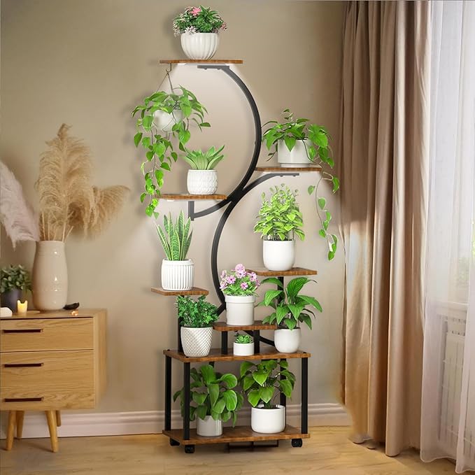 Plant Stand with Grow Light and Wheels, 8-Tiered Tall Plant Stands for Indoor Plants Multiple, Metal Plant Shelf Display Rack Holder, Flower Stand for Indoor Plants, Living Room, Garden, Patio (M)