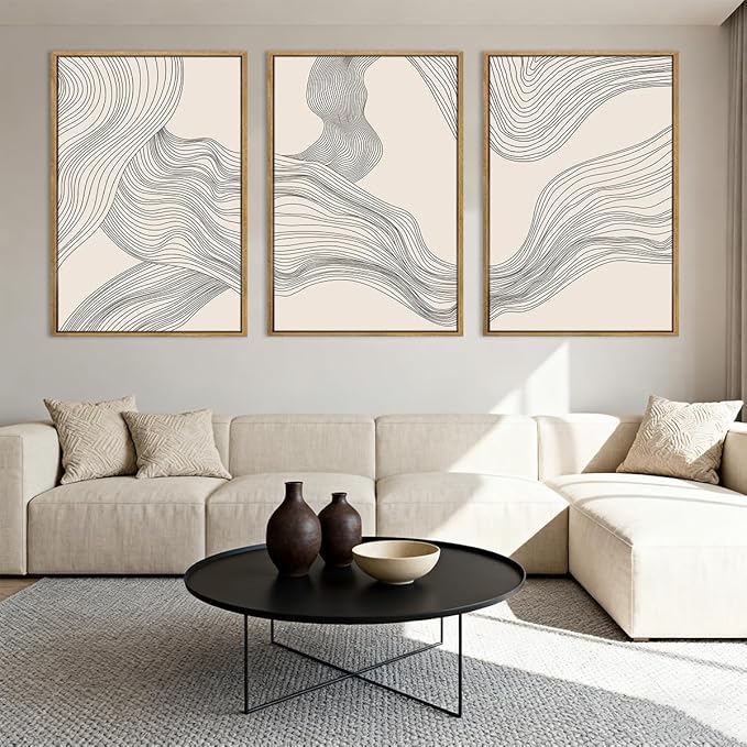 Neutral Abstract Wall Art Framed Modern Beige Wave Wall Decor for Bathroom Living Room Bedroom 16x24 Inch Set of 3