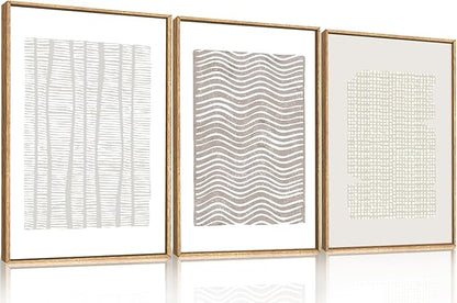 Large Abstract White and Beige Framed Canvas Wall Art,Geometric Dot and Line Wall Decor,Modern Wave Lines Artwork,Neutral Minimalist Shapes Art Print for Living Room,Bedroom,Office- 24"x36"x3