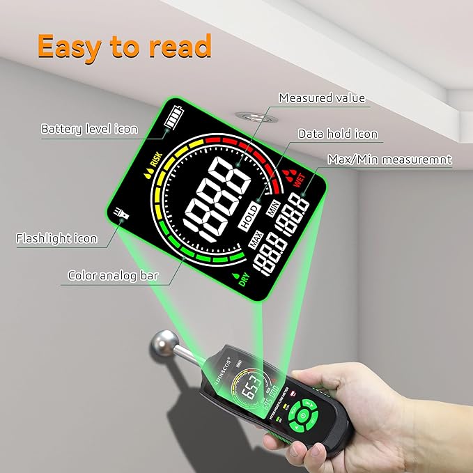 RDINSCOS Ball Probe Moisture Meter Non-Invasive Digital Moisture Detector with 40 mm Depth, Flashlight, LCD Display