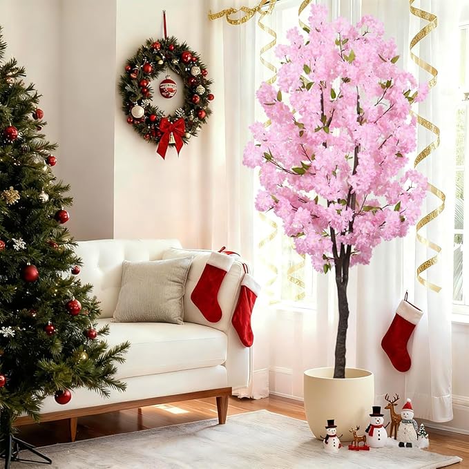 Pink Artificial Cherry Blossoms Tree Faux Cherry Blossom Tree Indoor Beautiful Trees for Home Christmas New Year Decor
