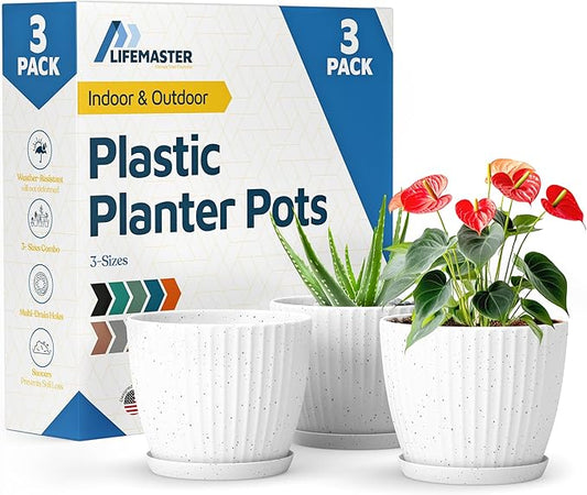 White Gray 6-Inch Plant Pots with Drainage & Saucers 3 Pack, Indoor & Outdoor Planters for Houseplants, Herbs, and Flowers, Durable & Weatherproof Material, Stackable, Lightweight, Minimalist Design