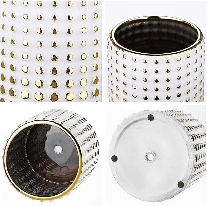 Ceramic Plant Pots Indoor, 5.7 Inch Planters for Indoor Plants Gold Polka Dots Flower Pots with Drainage Hole, Cylinder Round Planters, Gold and White
