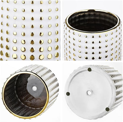 Ceramic Plant Pots Indoor, 5.7 Inch Planters for Indoor Plants Gold Polka Dots Flower Pots with Drainage Hole, Cylinder Round Planters, Gold and White