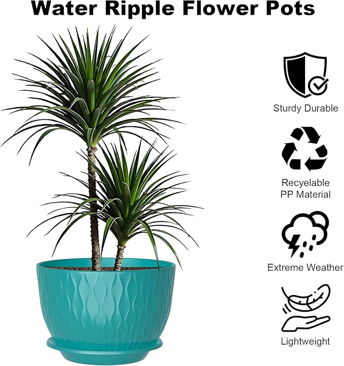 10 Inch Large Plant Pots, Flower Pots with Multi-Mesh Drainage Holes and Saucer, Plastic Planters for Indoor and Outdoor Garden Plants (Black-Green, 10")