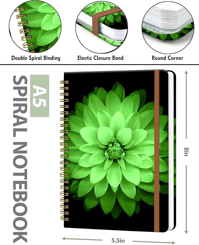 Spiral Journal Notebook for Women, Hardcover A5 College Ruled Notebook, 120 Pages, Thick Paper, Cute Lined Journal for School, Office & Work, 6 x 8.4 in(Watercolor Green Flower)